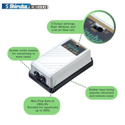 Shiruba K8000 Dual Outlet Quiet Aquarium Air Pump for Enhanced Oxygenation