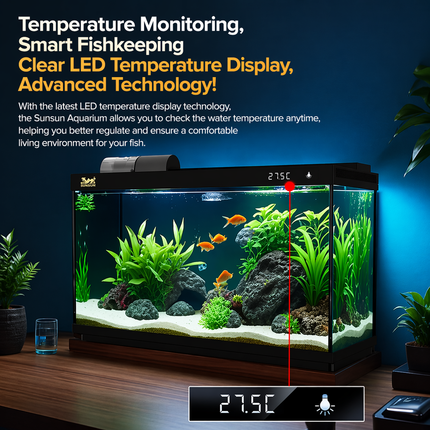 SUNSUN LEA-380/480A Black - Ultra Clear Desktop Aquarium Tank with Built-In Filter & LED Light