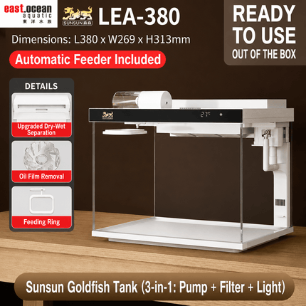SUNSUN LEA-380/480A White - Ultra Clear Desktop Aquarium Tank with Built-In Filter & LED Light